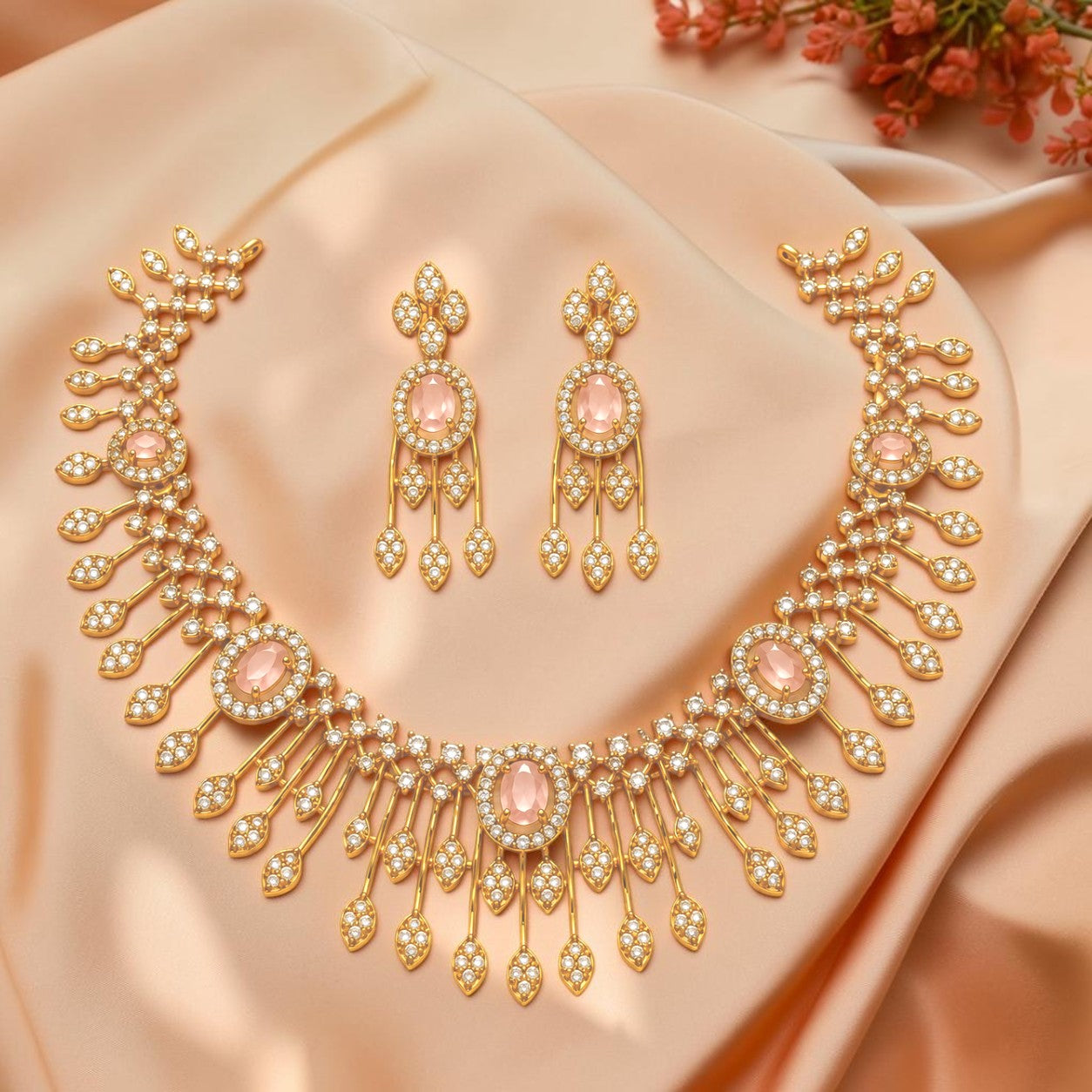 My Store elegant floral necklace and earring set in gold-tone with pink oval gemstones and shimmering crystal accents.