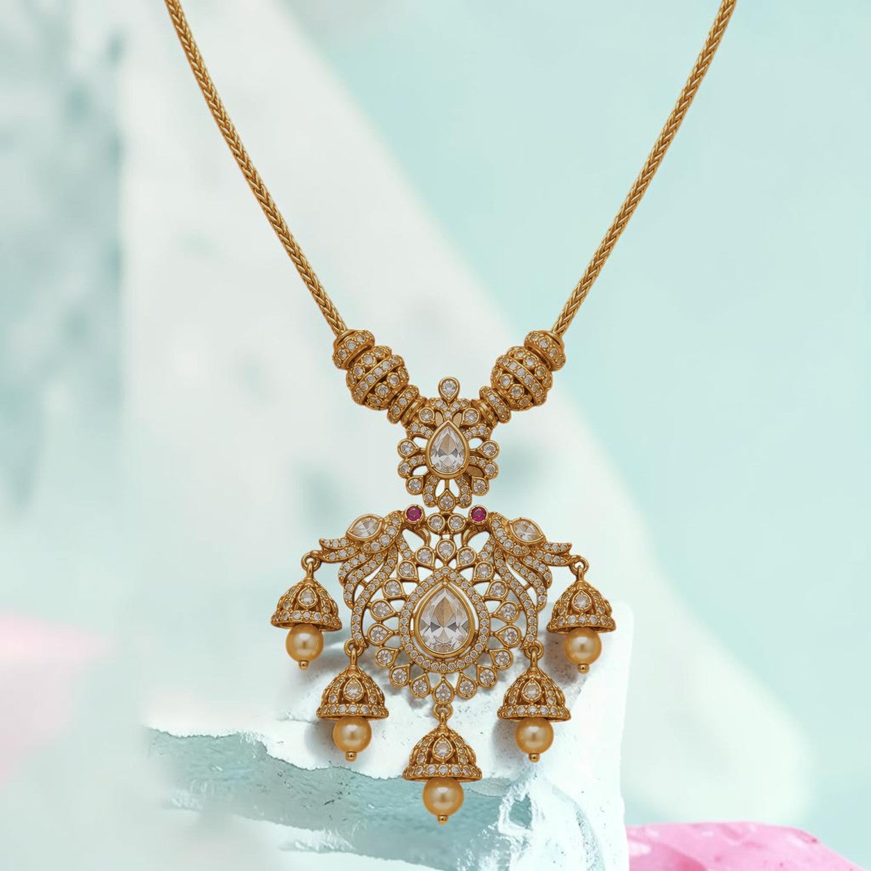 My Store ornate gold pendant featuring a pear-cut center stone, pavé crystals, and dangling pearl-style drops.
