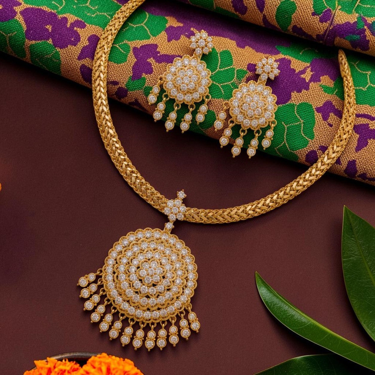 My Store Round Attigai neckset with gold-toned textured chain, white stone floral pendant, and matching pearl earrings.