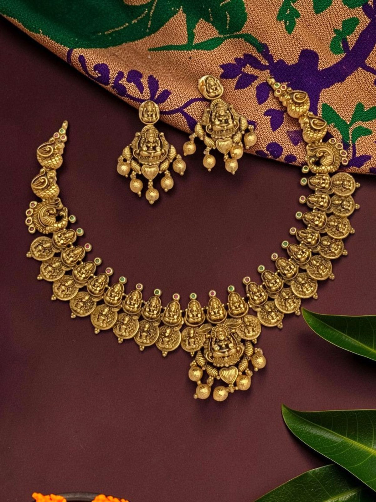 My Store Lakshmi Ratna Mala antique gold temple necklace set with Goddess Lakshmi coin motifs and matching drop earrings