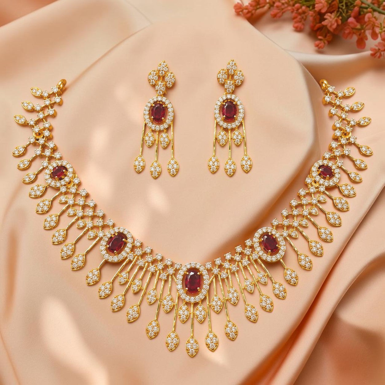 My Store gold-tone floral necklace and earring set with oval red gemstones and shimmering crystals on satin fabric.