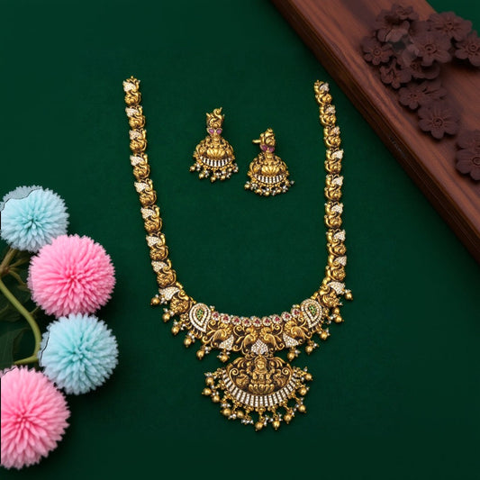 My Store antique gold plated necklace and jhumka earring set with temple motifs, colorful stones, and pearl drops.