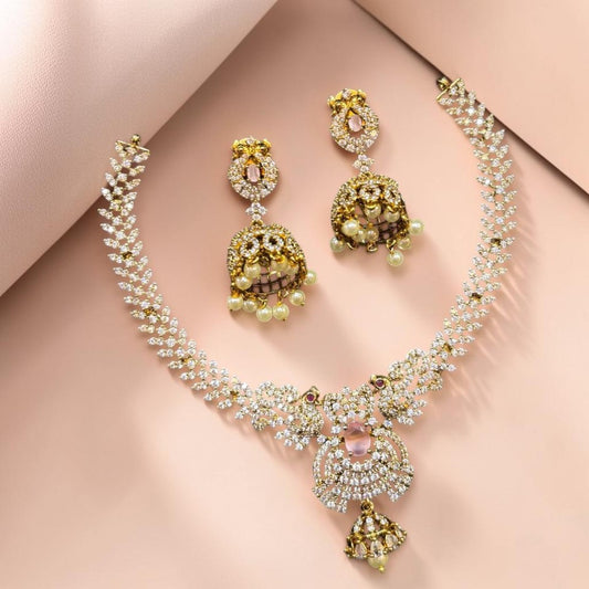 My Store gold-tone CZ necklace and jhumka earring set with sparkling cubic zirconia stones and delicate pearl accents.