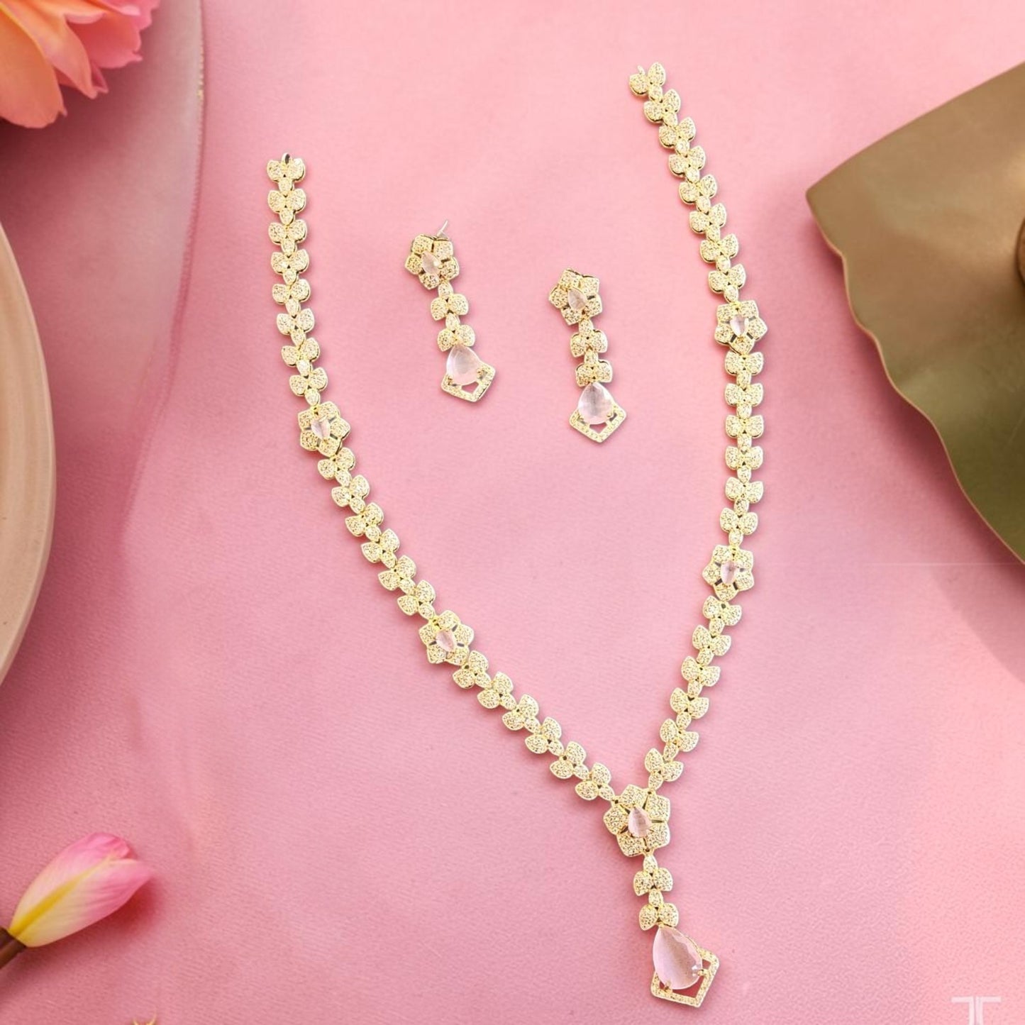 My Store Duchess Leaf Necklace Set with gold-tone floral motifs, cubic zirconia, and amethyst-hued teardrop stones.