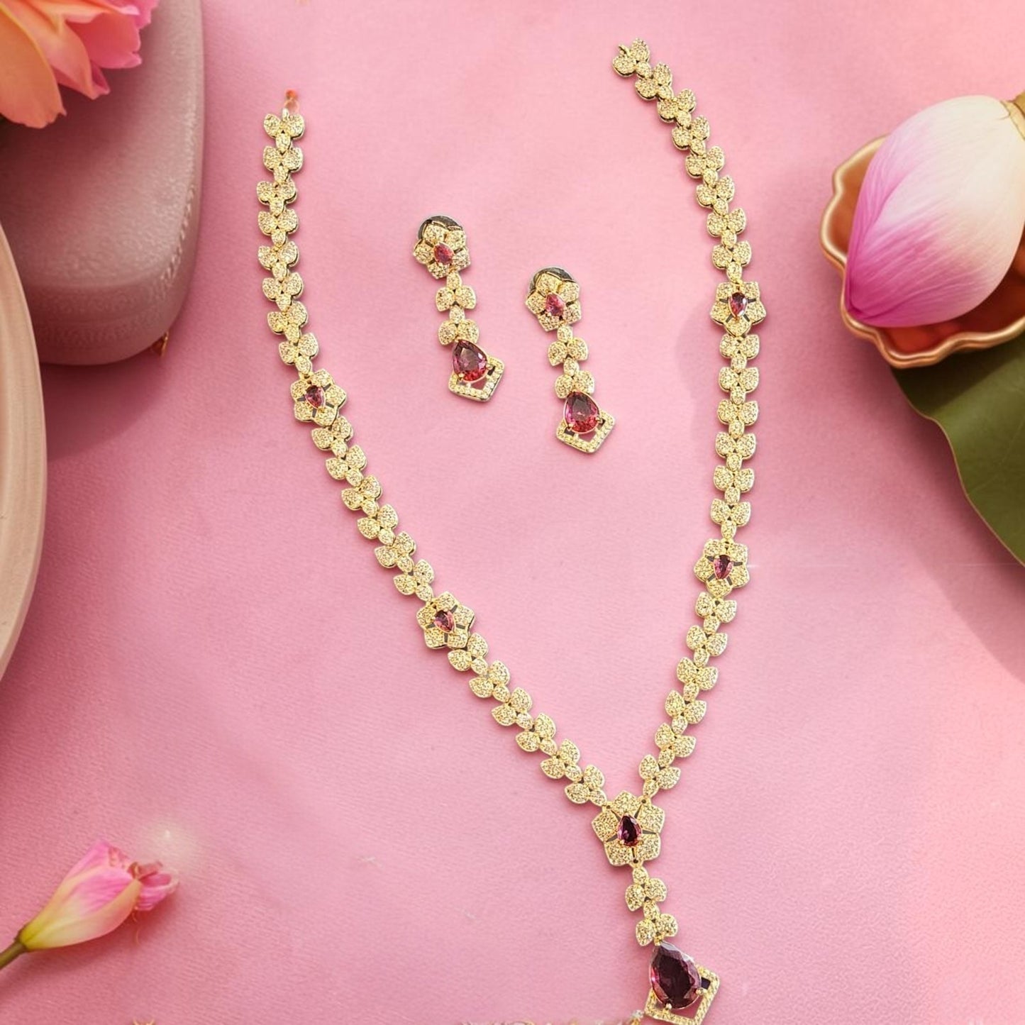 My Store Duchess Leaf Necklace Set with gold-tone floral motifs, amethyst-hued stones, and cubic zirconia accents.