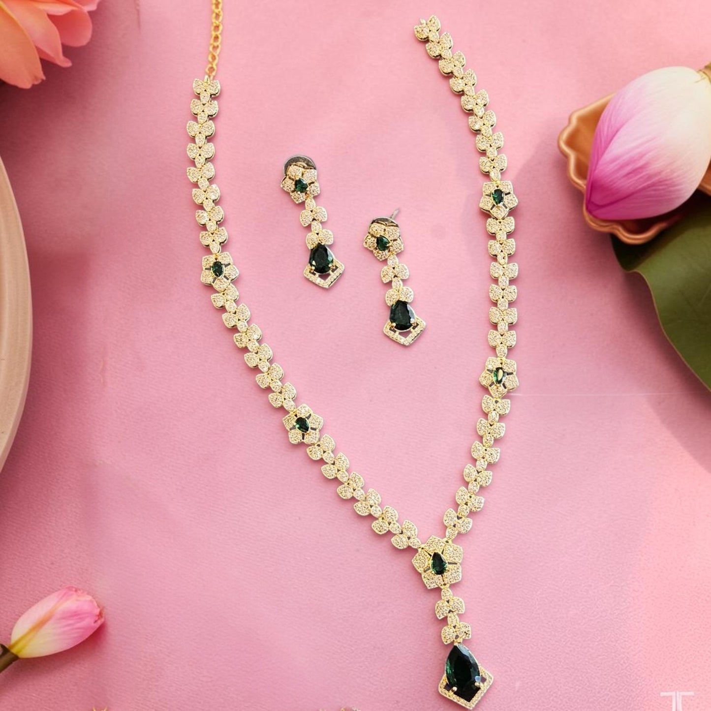 My Store Duchess Leaf Necklace Set with gold-tone floral motifs, cubic zirconia, and deep green teardrop stones.