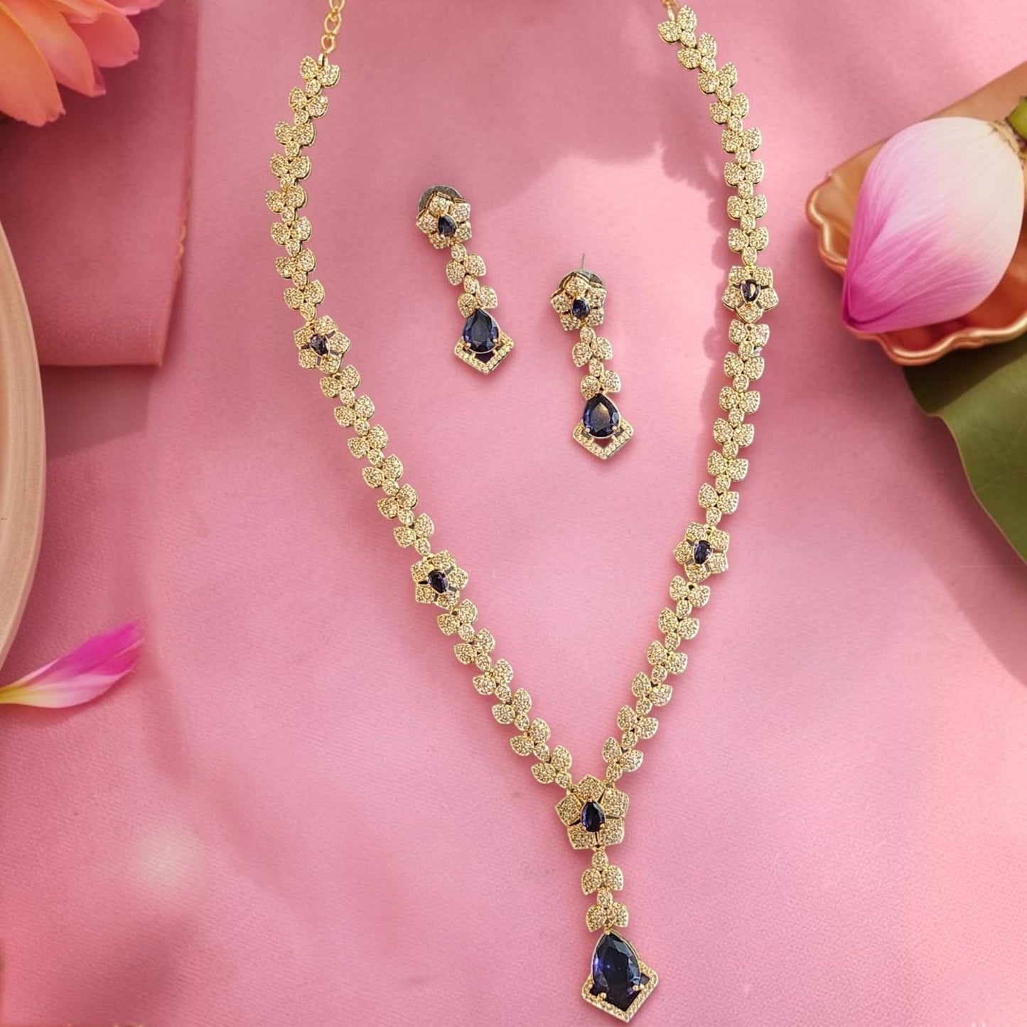 My Store Duchess Leaf Necklace Set with gold-tone floral motifs, cubic zirconia, and deep amethyst teardrop stones.