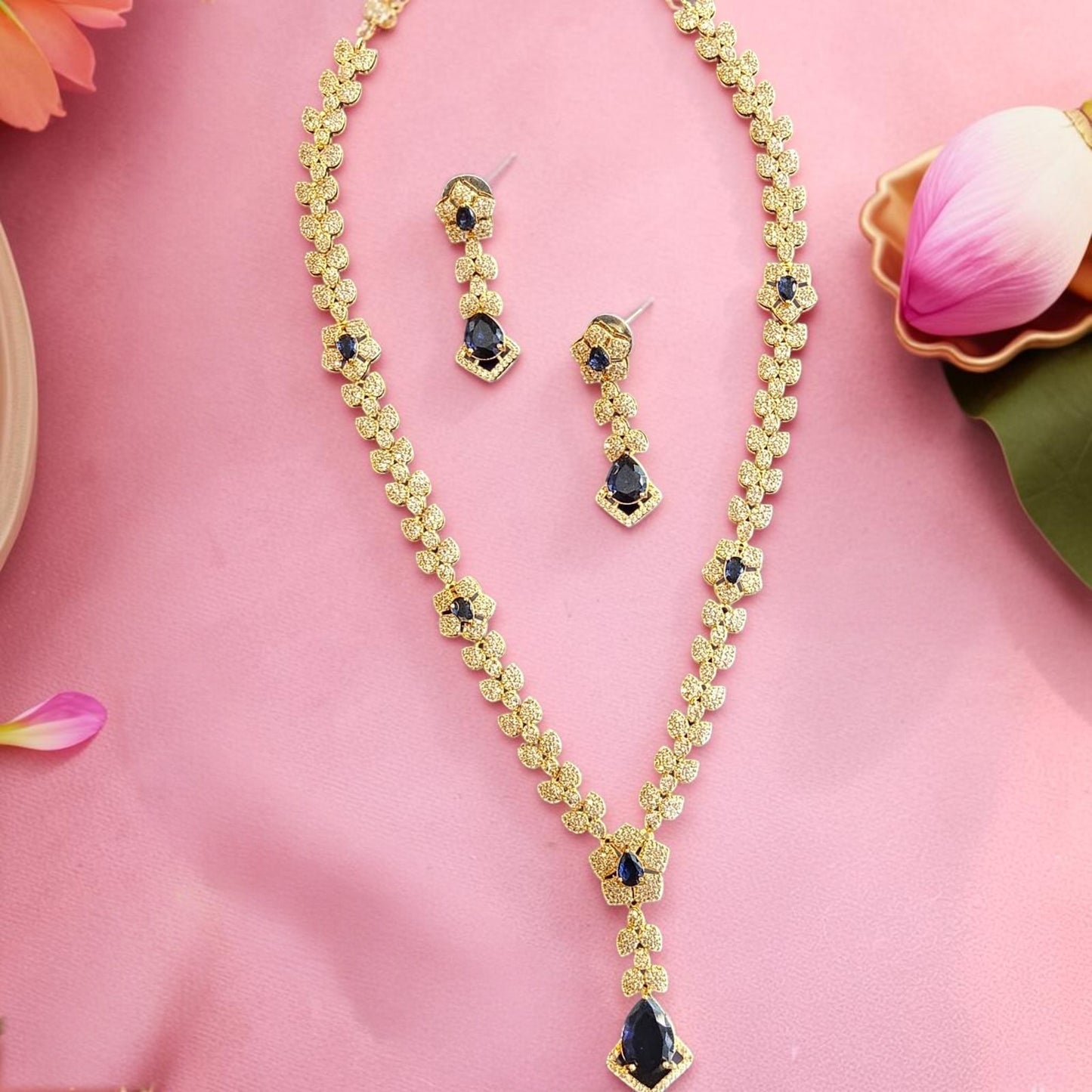 My Store Duchess Leaf Necklace Set with gold-tone floral motifs, cubic zirconia, and amethyst-hued teardrop stones.