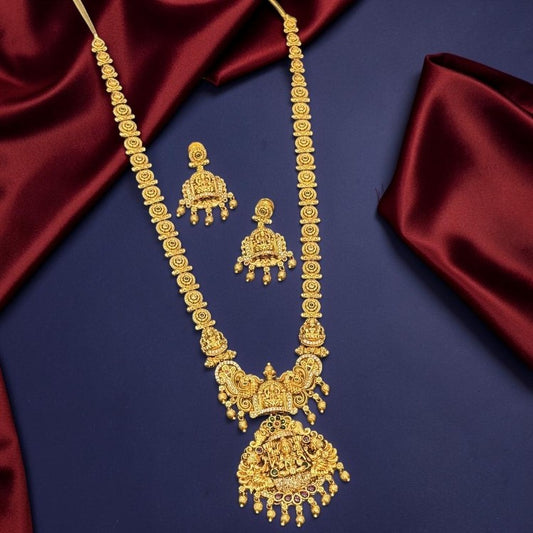 My Store Gajalakshmi Vaibhavam gold long haram necklace set with matching jhumka earrings and intricate floral motifs.