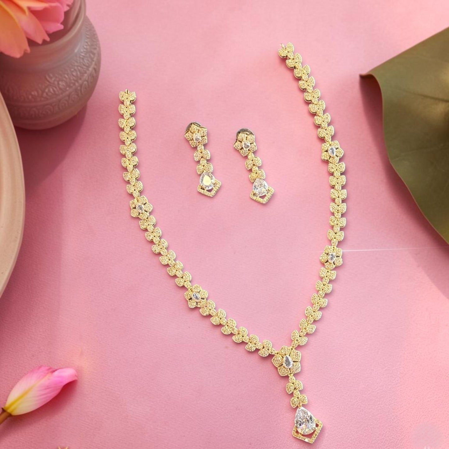 My Store Duchess Leaf Necklace Set featuring gold-tone floral motifs, cubic zirconia, and amethyst-hued teardrop stones.