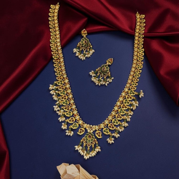 My Store gold-toned long necklace set with red and green stones and pearl drops, perfect for traditional weddings.