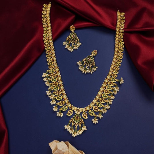 My Store gold-toned long necklace set with red and green stones and pearl drops, perfect for traditional weddings.
