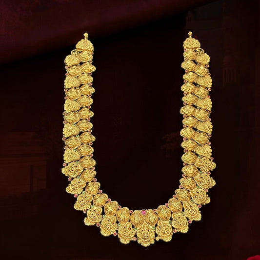 My Store traditional gold-toned temple necklace with intricate motifs and red and green stone accents
