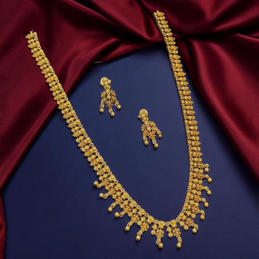 My Store Golden Petals long gold-toned necklace set with intricate floral motifs and matching drop earrings