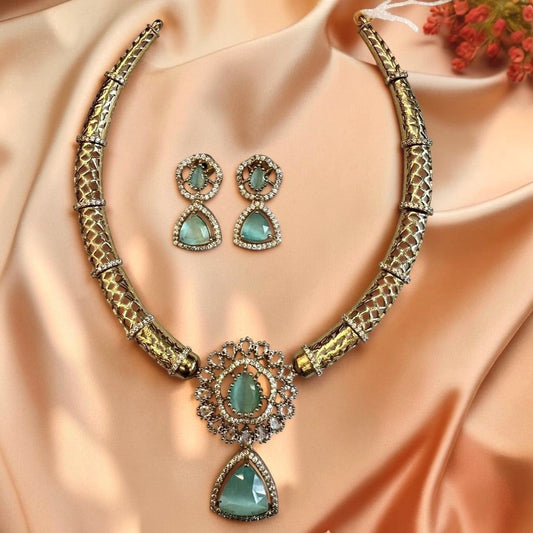 My Store Gulabi Noor gold-toned mesh collar necklace set with teardrop mint green gemstones and floral pendant.