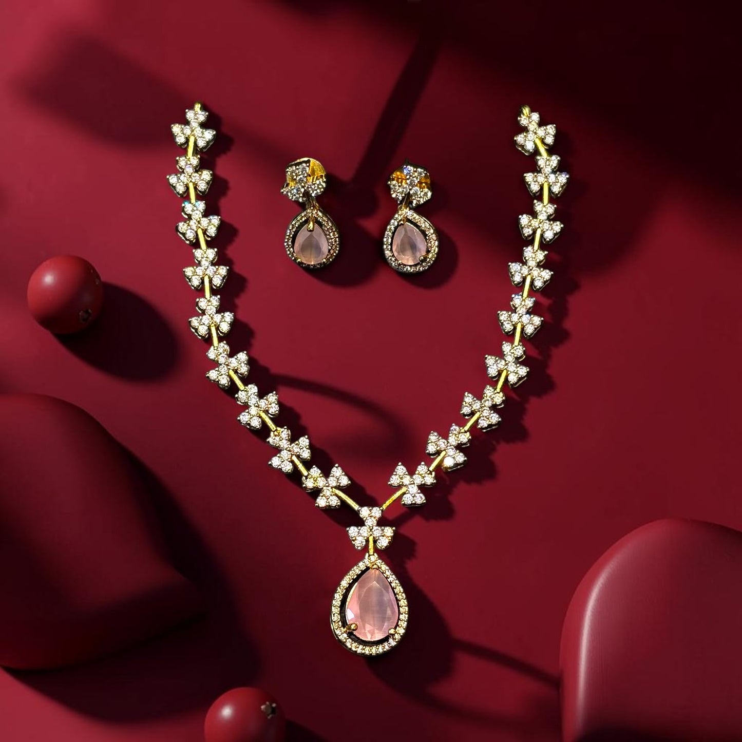 My Store elegant gold-tone necklace and earring set with sparkling floral motifs and pink teardrop gemstones