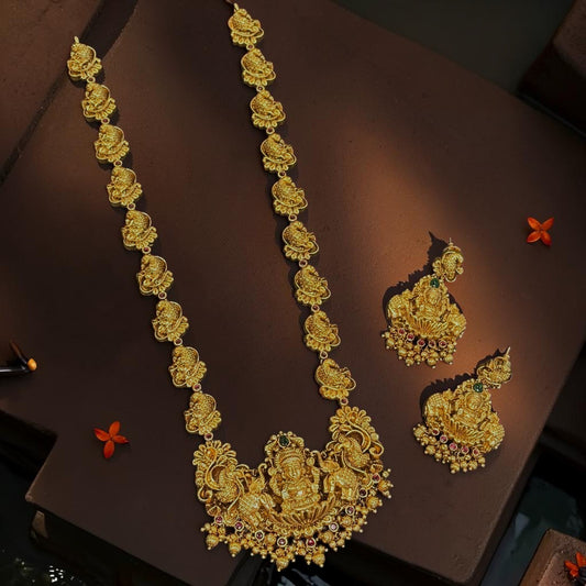 My Store traditional temple jewelry set featuring an antique gold necklace with Goddess Lakshmi and matching earrings.