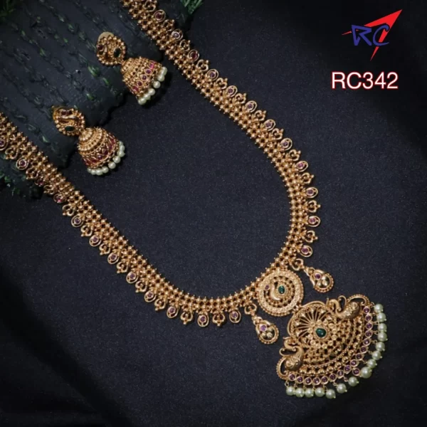 Temple design peacock pendant long haram