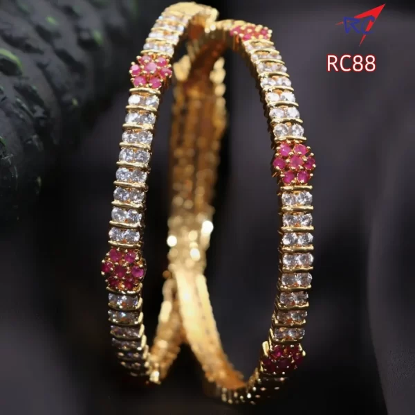 Double AD white stone with ruby flower design Bangle