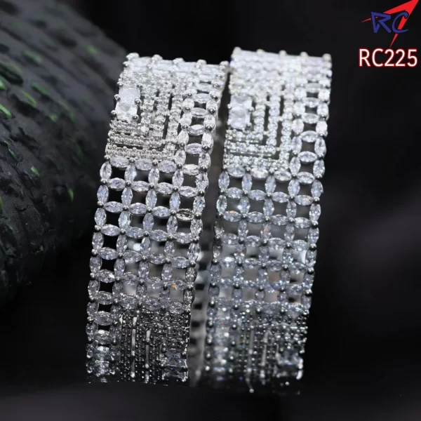 AD White stone flowers with layered half square design Rodium finish bangle
