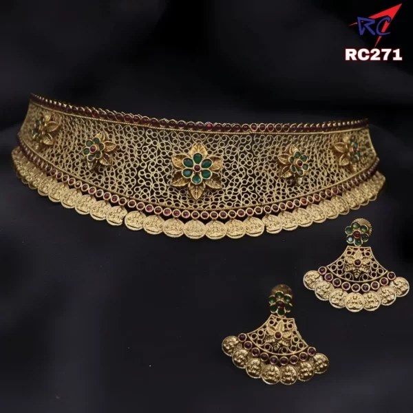 Flower with classic pattern and lakshmi coin design choker