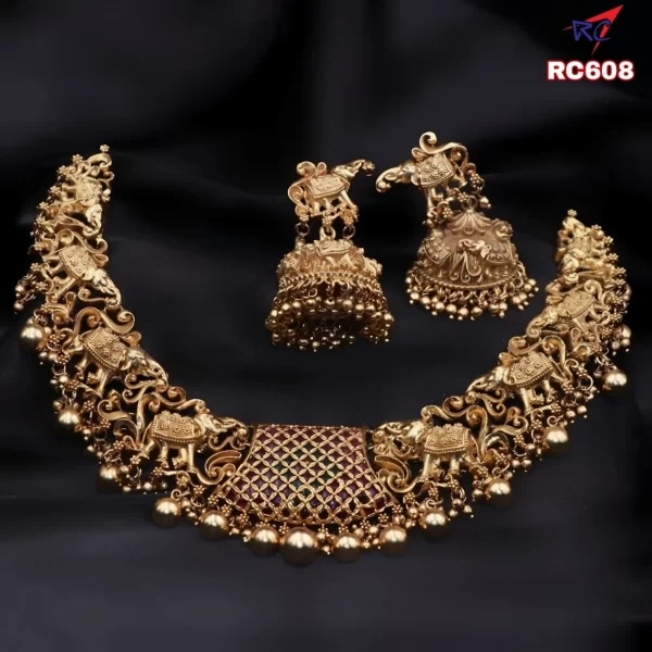 Mat finish real kemp stone Elephant design Choker