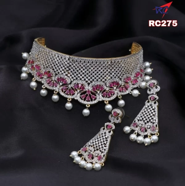 Zircon and Ruby stone net pattern Rodium finish Choker