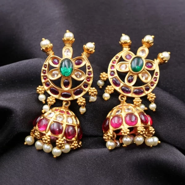 Traditional Kemp stone Chandbali with flower design Jhumkas