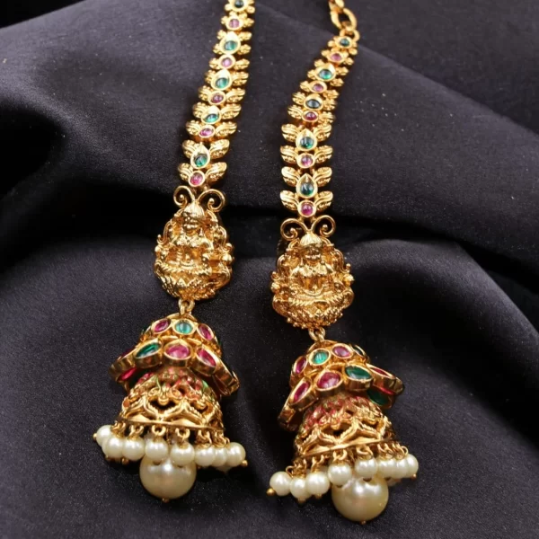 Lakshmi Style kemp stone double Jhumka Earrings With Attached Mattal