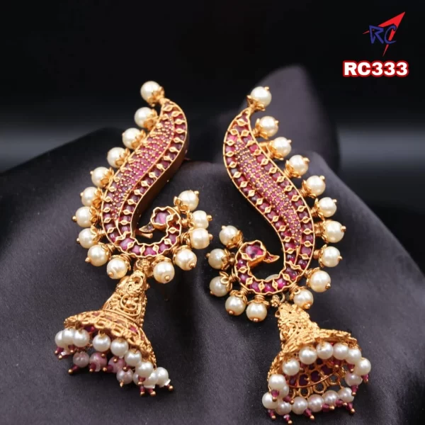 Real Kemp & Ruby Stone Peacock design with pearls attached full ear Earrings set