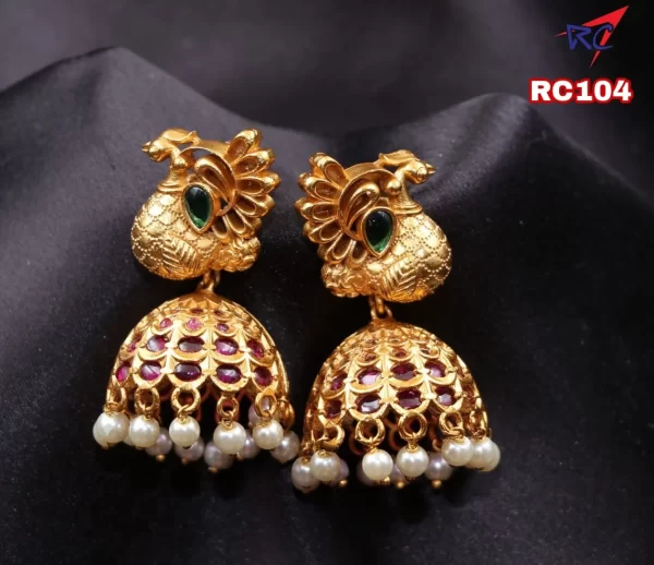 Kemp Stone Peacock With Flower design with pearls Hanging Jhumka Earrings