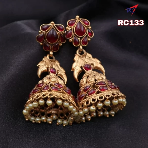 Antique finish kemp stone Floral with Temple design Jhumka Earrings