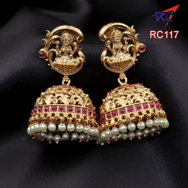 Antique finish Lakshmi stud with leaves design kemp stone Jhumka Earrings