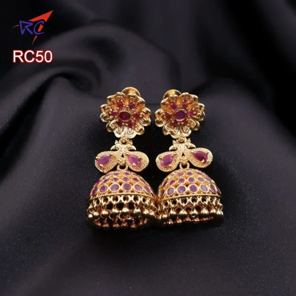 Gold finish Ruby Emerald stone flower with drop design Jimikki