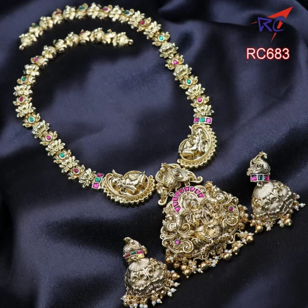 Antique finish lotus design with lakshmi pendant haram set