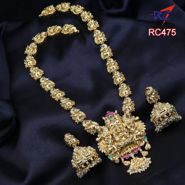 Antique finish God lakshmi with peacock and elephant design Haram set