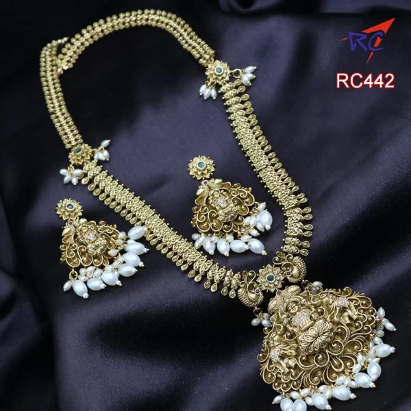 Antique finish Temple design with lakshmi with elephant pendant Haram set