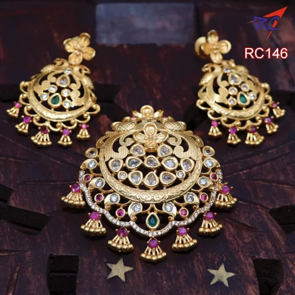 Mat finish Peacock with floral design kundan stone pendant
