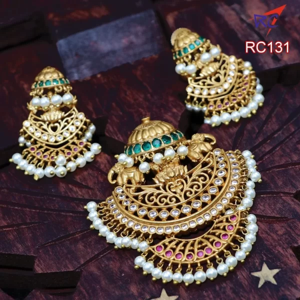 Mat finish Lakshmi with elephant and Chandbali design Pendant set