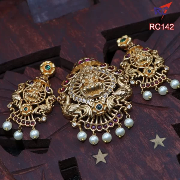 Mat Finish Lakshmi with peacock design Pendant with Matching Earrings