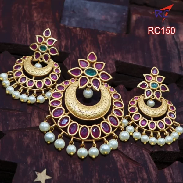Mat finish Ruby stone Flowers with Chanbali design Pendant set