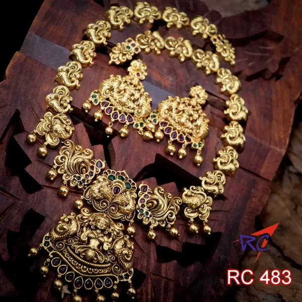 Antique finish peacock design with lakshmi pendant long Haram set