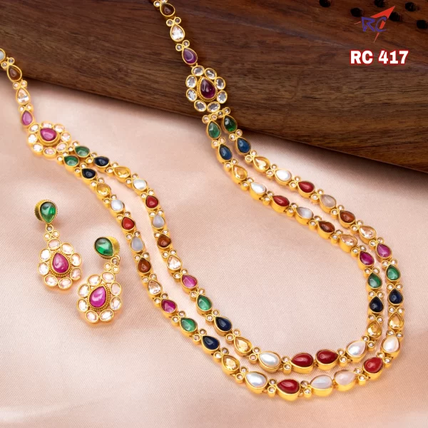 Mat finish Navaratna stone in double layer haram set
