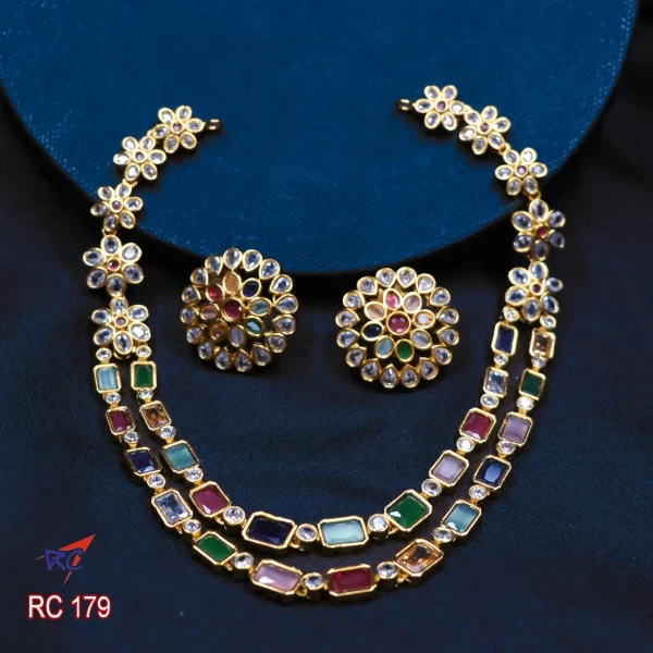 Mat finish Double line Navaratna Stone square design Medium Neckset