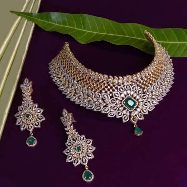 Grand Floral Design White with Green Stone Choker Set