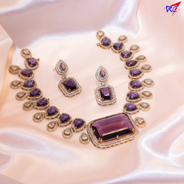 Unique Square Pattern AD Stone Necklace set - Image 2