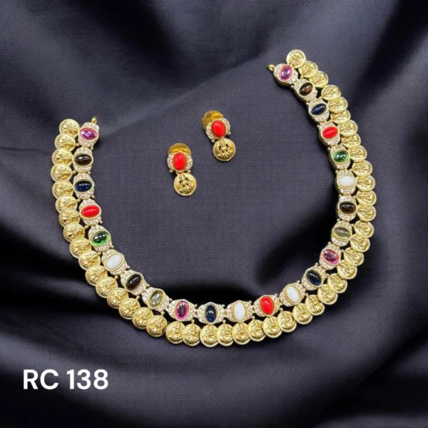 Mat Finish Navaratna Stone Kasu Necklace