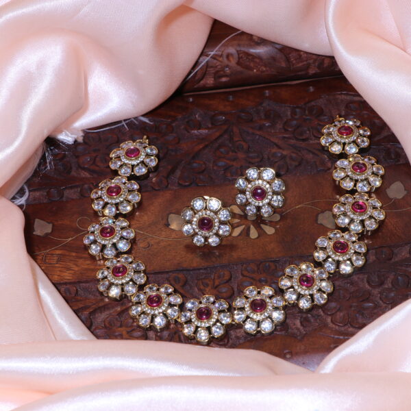 Victorian Finish AD Stone Flower Necklace with Earrings